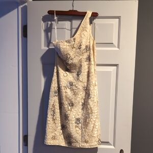 Sue Wong One-Shoulder Dress in Cream with Silver Details
